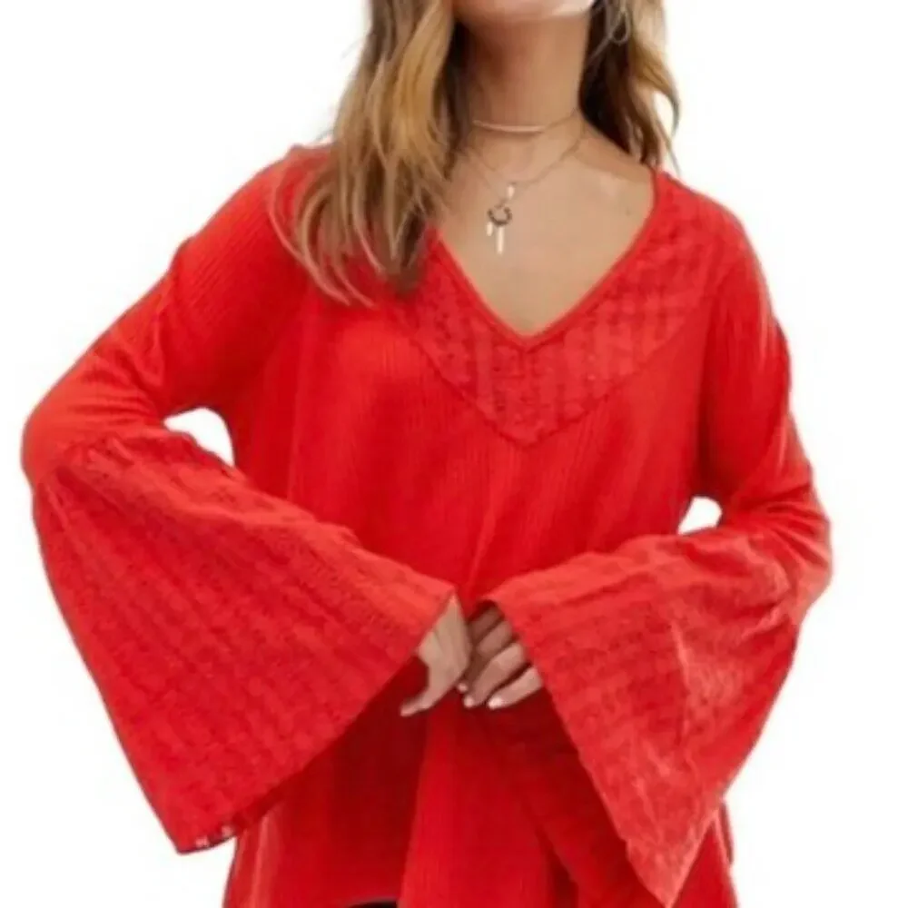 Free People Parsian Nights Flared Sleeve V‎ Neck Blouse Women S Orange Boho